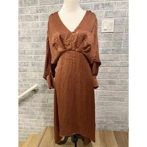 Peach Love Dress Womens Small Rust Satin Midi‎ Long Sleeve Boho